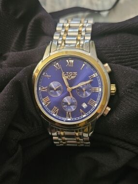 LIGE Men's Blue Dial Two-Tone Stainless Steel Chronograph Watch